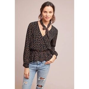 Anthropologie Rdalamal Black Gold Polka Dot Faux Wrap Top Sz M
